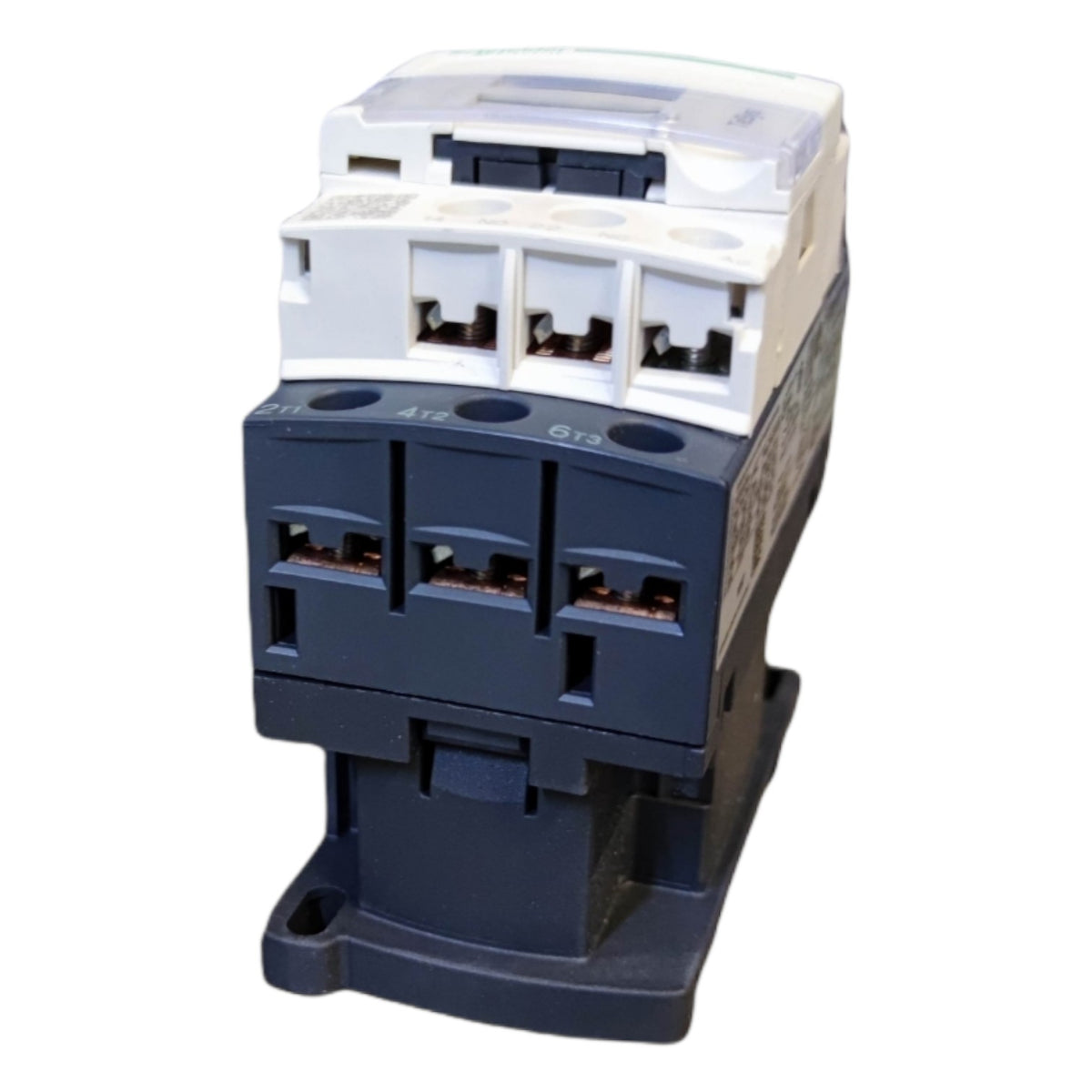 Electrical contactor with white top and blue base on a white background