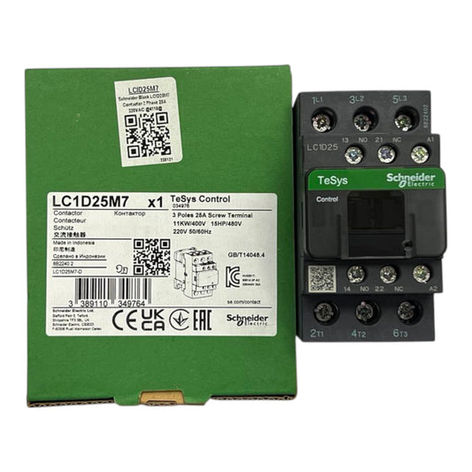 TeSys control relay with green packaging featuring a QR code and labels.