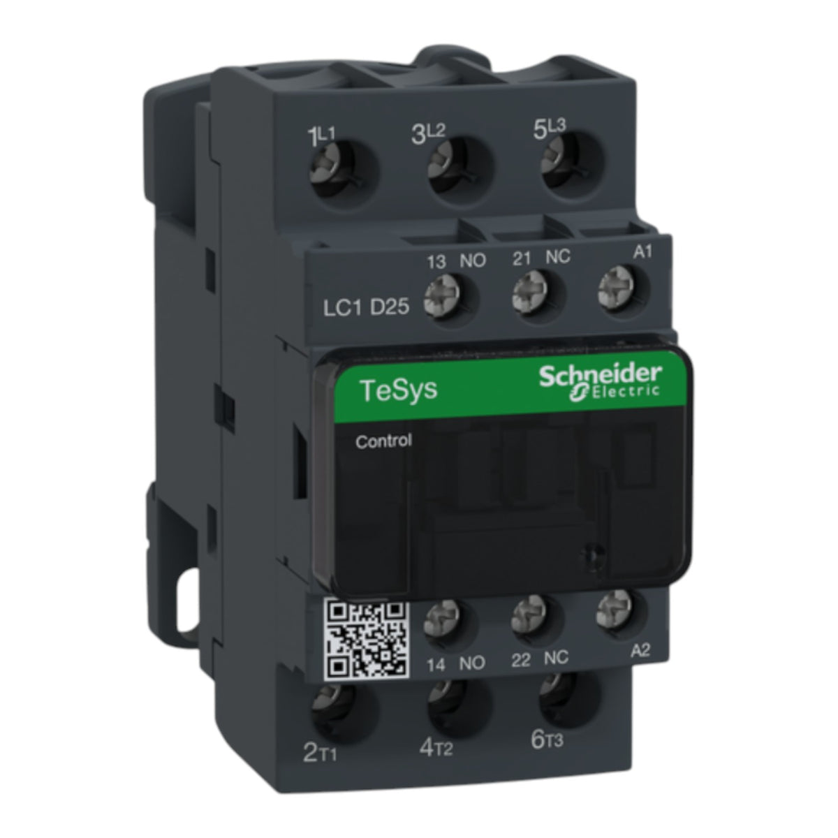 Schneider Electric TeSys LC1 D25 contactor module in dark gray with a green and white TeSys Control label, featuring terminal markings and a QR code on a white background.