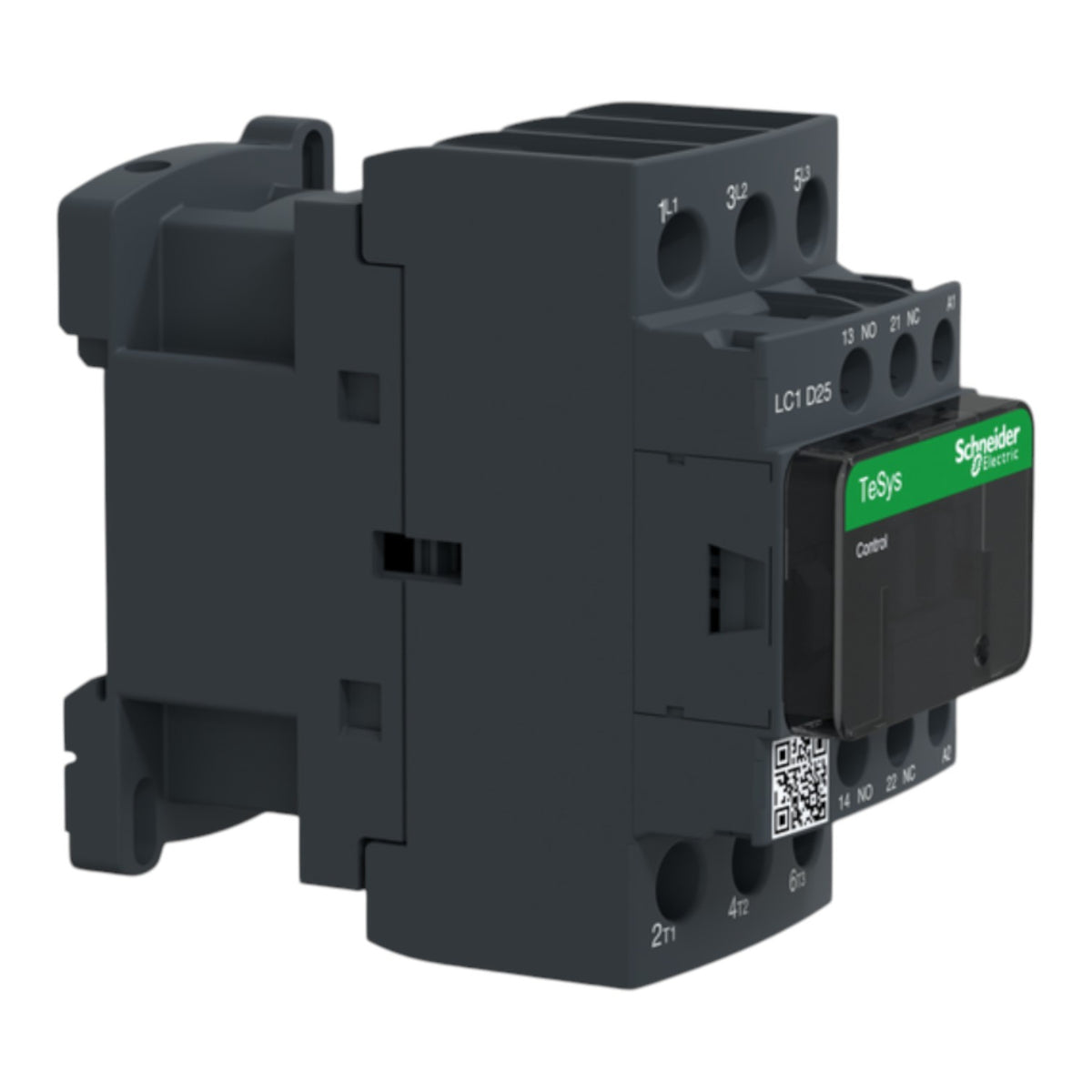Schneider Electric TeSys LC1 DBS contactor module in dark gray with a green TeSys Control label, shown on a plain white background.