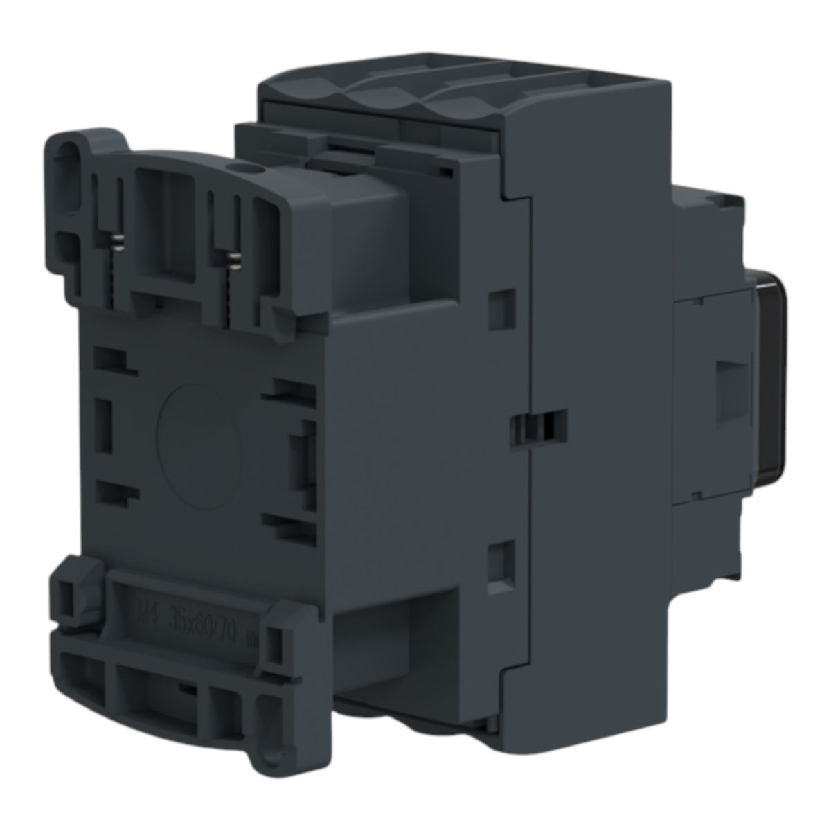 A dark gray industrial electrical component, likely a contactor or relay module, shown from a three-quarters perspective on a solid white background.