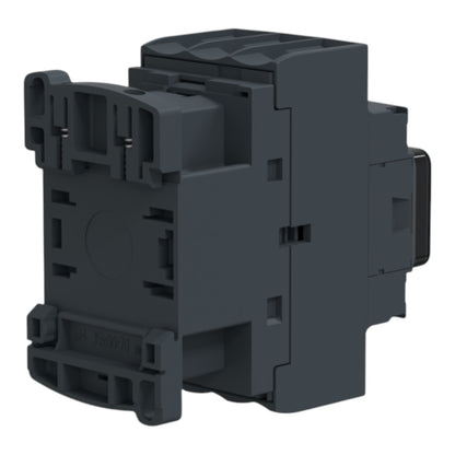 A dark gray industrial electrical component, likely a contactor or relay module, shown from a three-quarters perspective on a solid white background.