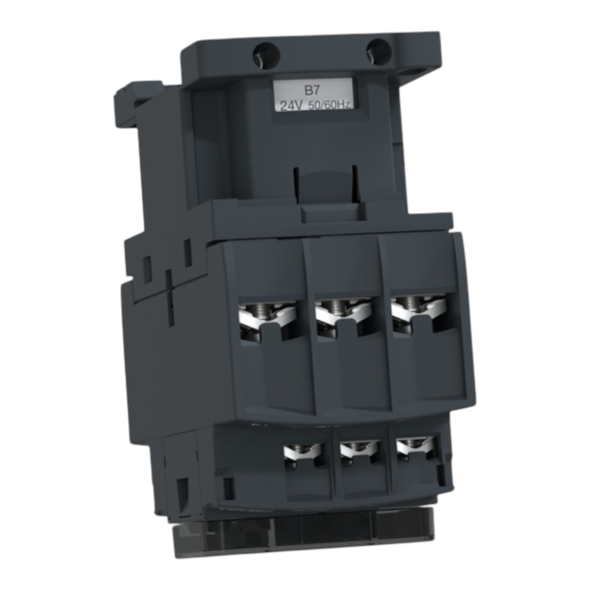 A dark gray electrical contactor with three main terminal blocks and three smaller terminal blocks on the front, shown on a plain white background.