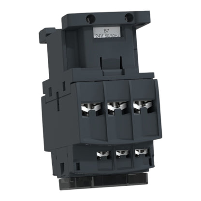 A dark gray electrical contactor with three main terminal blocks and three smaller terminal blocks on the front, shown on a plain white background.