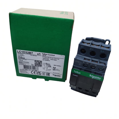 Schneider TeSys LC1D32B7 contactor next to its green original packaging box on a white background.