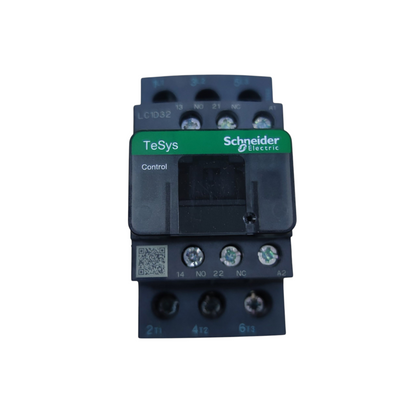 Schneider Electric TeSys LC1D32 control module, a black plastic contactor with a green label and terminal connections, isolated on a white background.