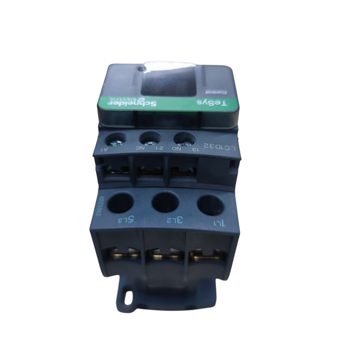 A Schneider Electric Tysen contactor, model LC10D032, featuring a dark gray plastic body with a green and white label on top, isolated on a white background.