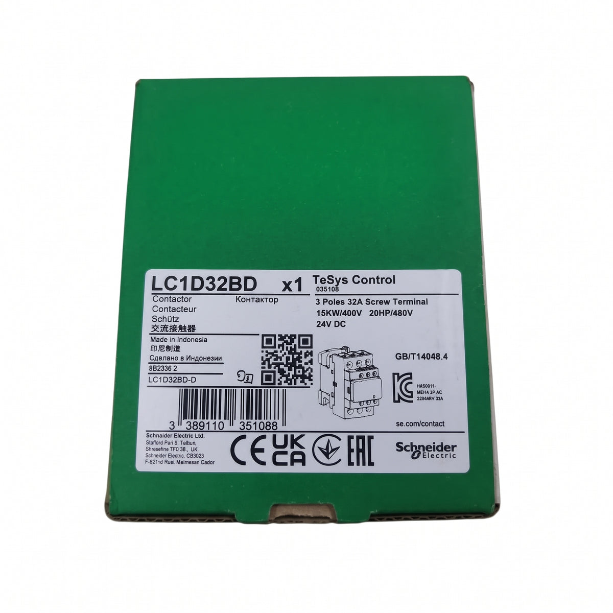 A green Schneider Electric TaSys Control LC1D32BD 3-pole screw terminal contactor box with a white product label, photographed on a white background.