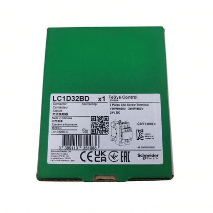 A green Schneider Electric TaSys Control LC1D32BD 3-pole screw terminal contactor box with a white product label, photographed on a white background.