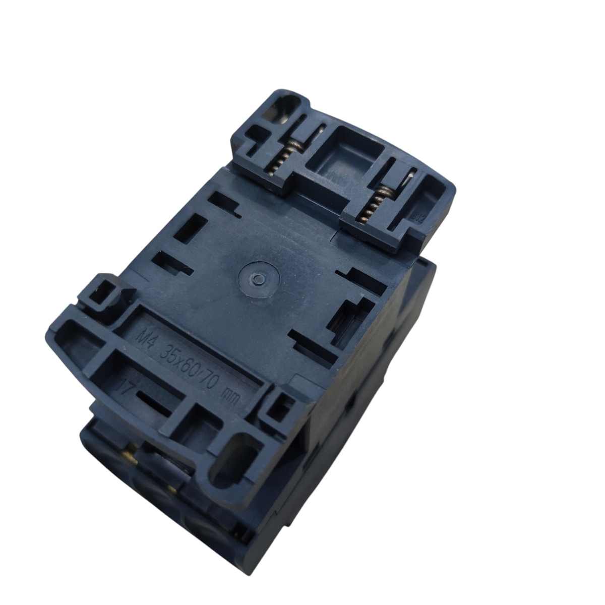 A dark blue-gray plastic electrical terminal block or connector component with small gold metal springs, shown on a plain white background.