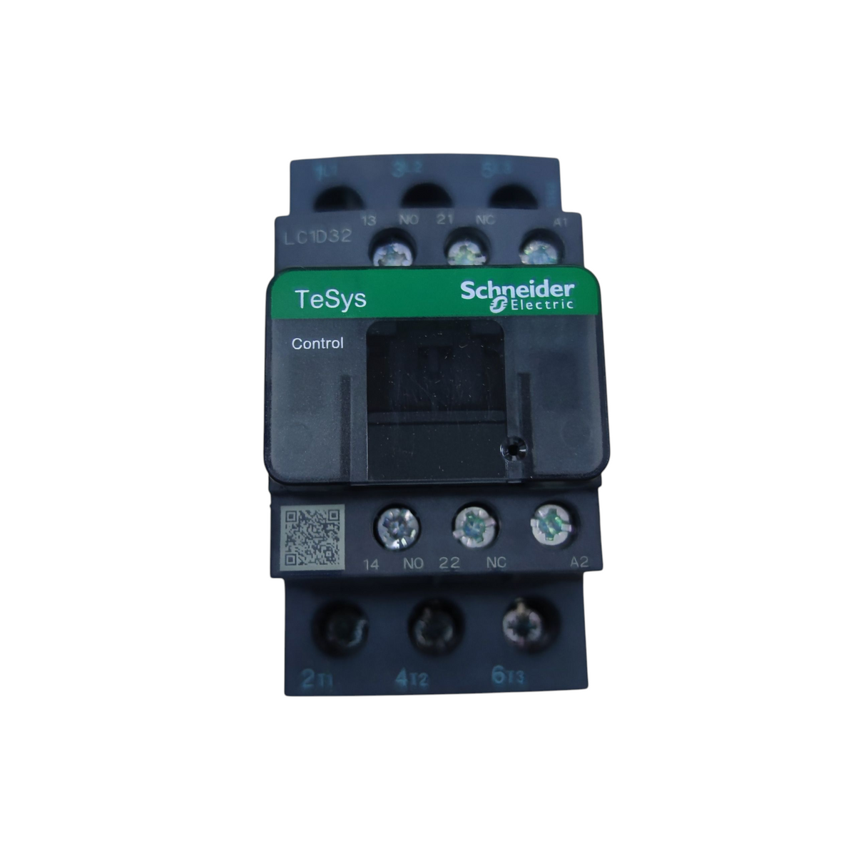 Schneider Electric TeSys LC1D32 control module, a black plastic contactor with a green label and terminal connections, isolated on a white background.