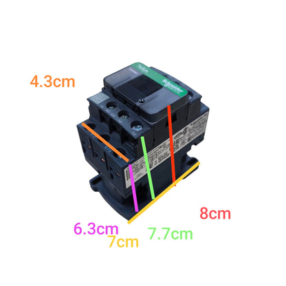 A black electrical contactor with a green top label, overlaid with colored dimension lines and text showing measurements of 4.3cm, 6.