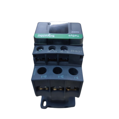 A Schneider Electric Tysen contactor, model LC10D032, featuring a dark gray plastic body with a green and white label on top, isolated on a white background.