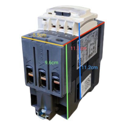 Electrical contactor with dimensions labeled on a white background