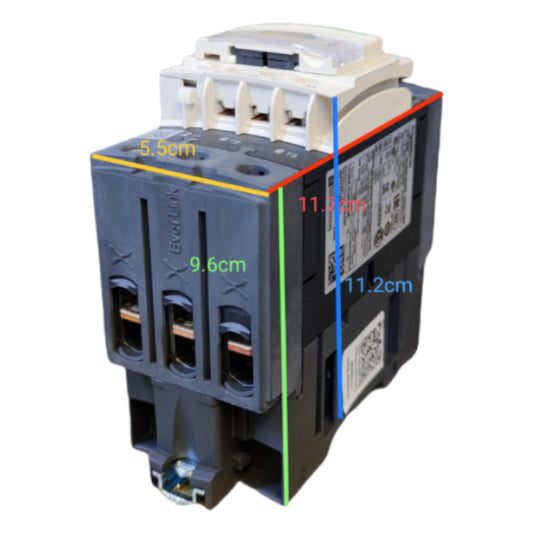 Electrical contactor with dimensions labeled on a white background