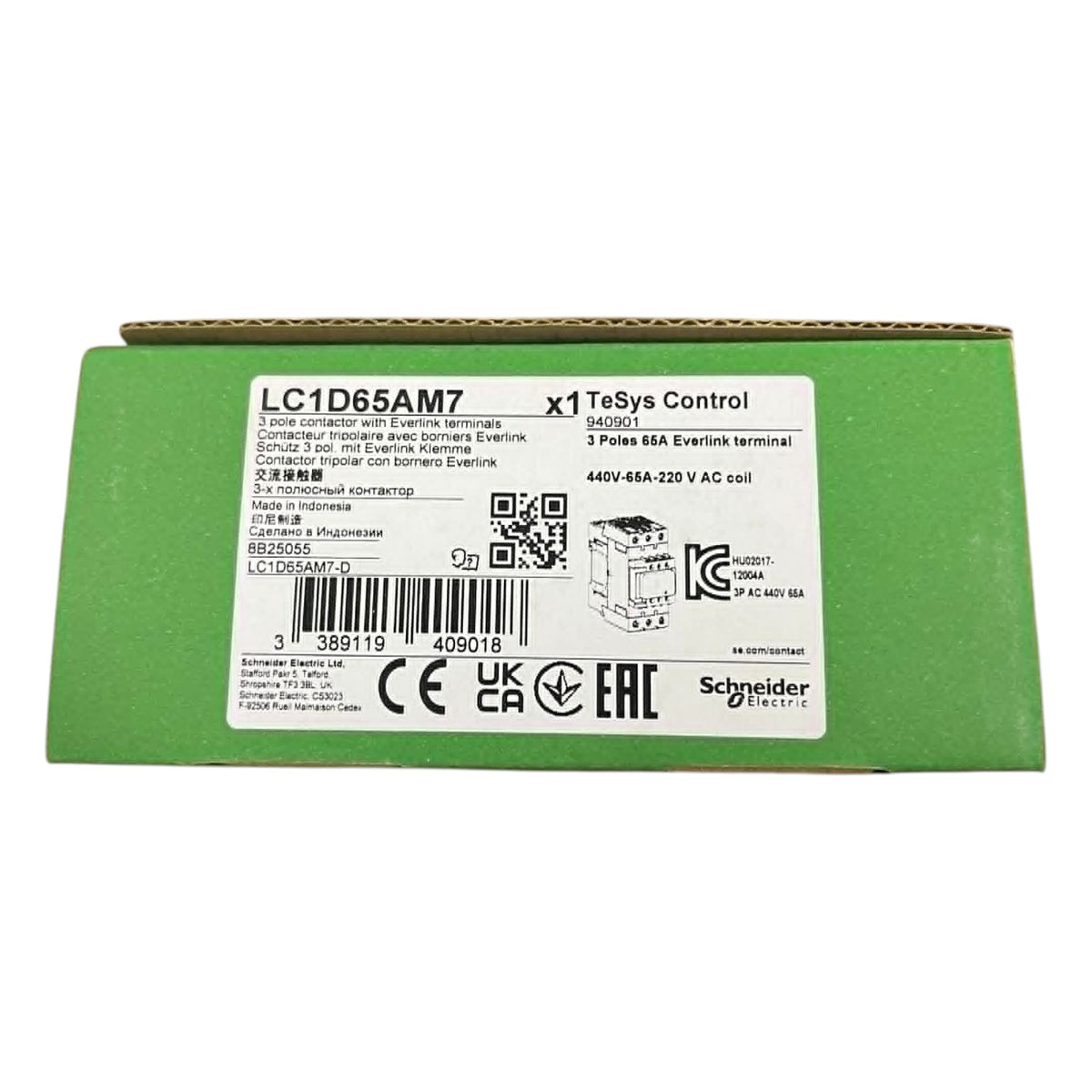 Green box with a label for TeSys Control by Schneider Electric on a white background