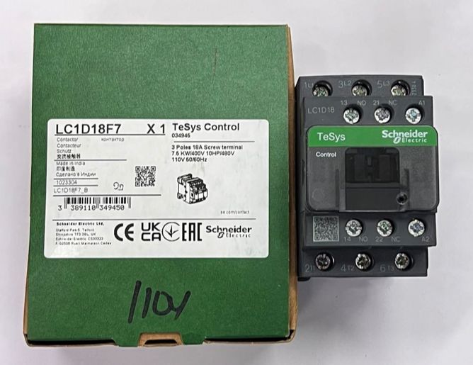 Schneider Magnetic Contactor LC1D18F7 110 Volts with TeSys Control showing product and green packaging box