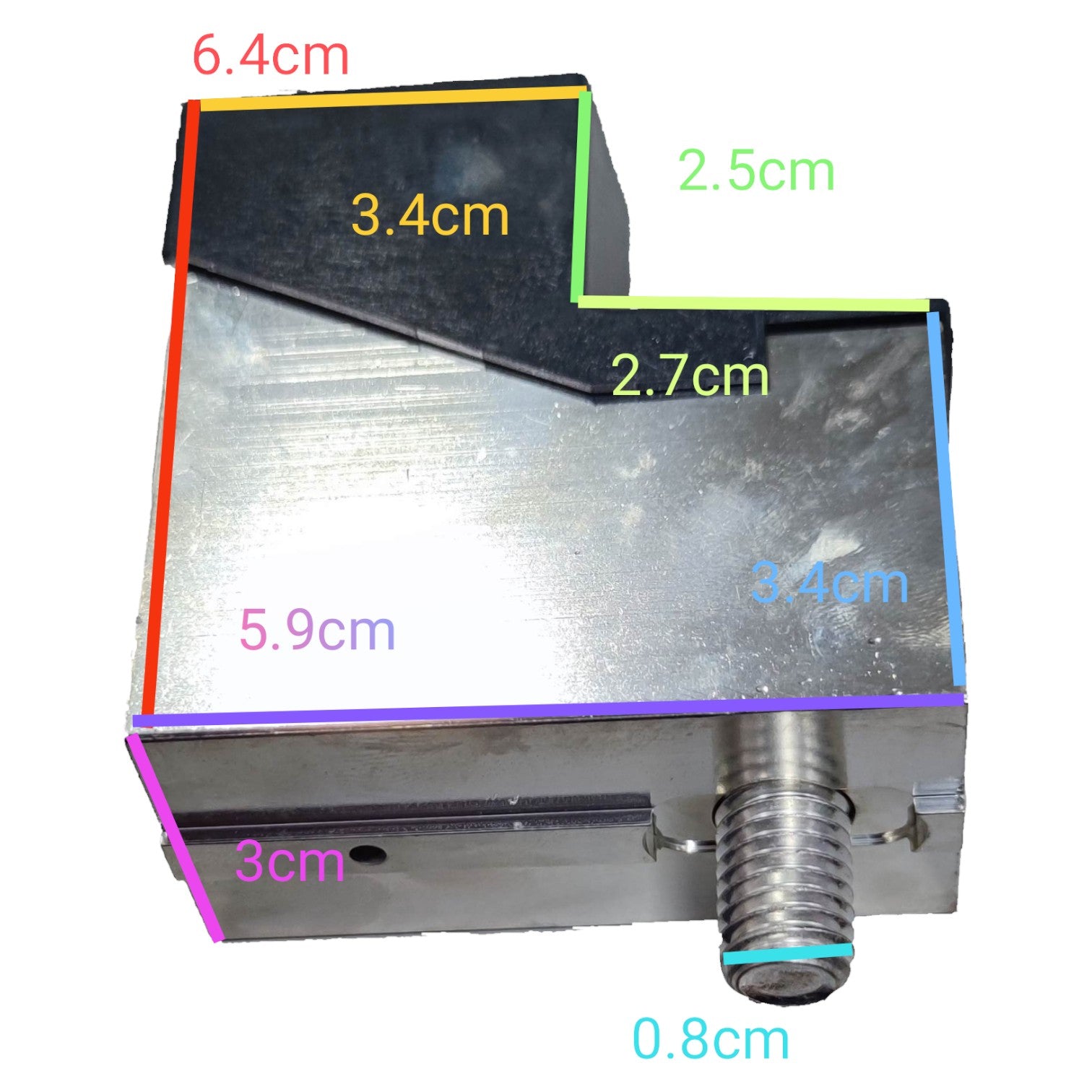 Metal component with dimensions labeled on a white background