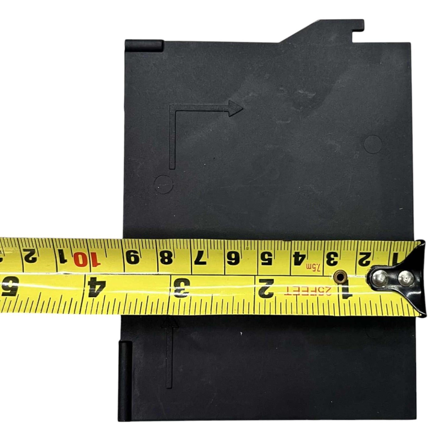 Black label tape with a measuring tape showing its width on a white background