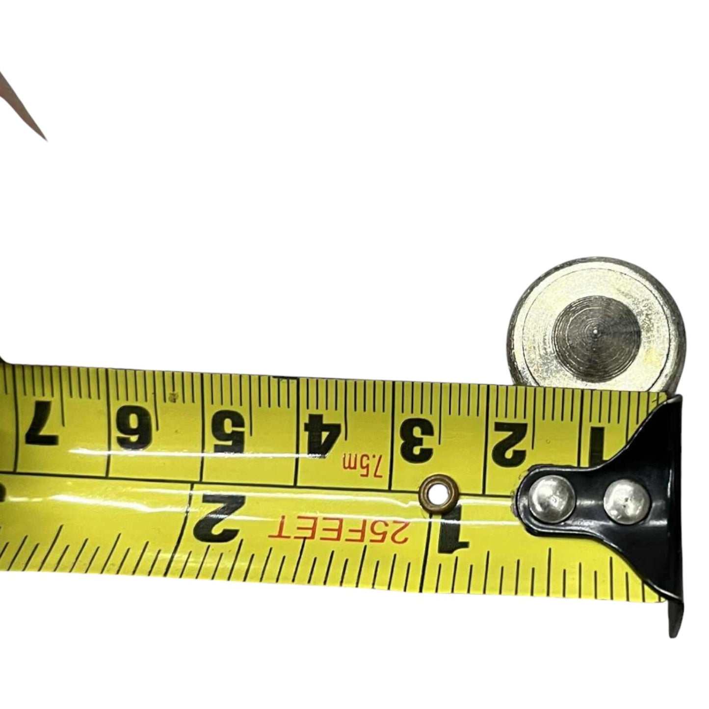 Yellow measuring tape with a black metal clip on a white background