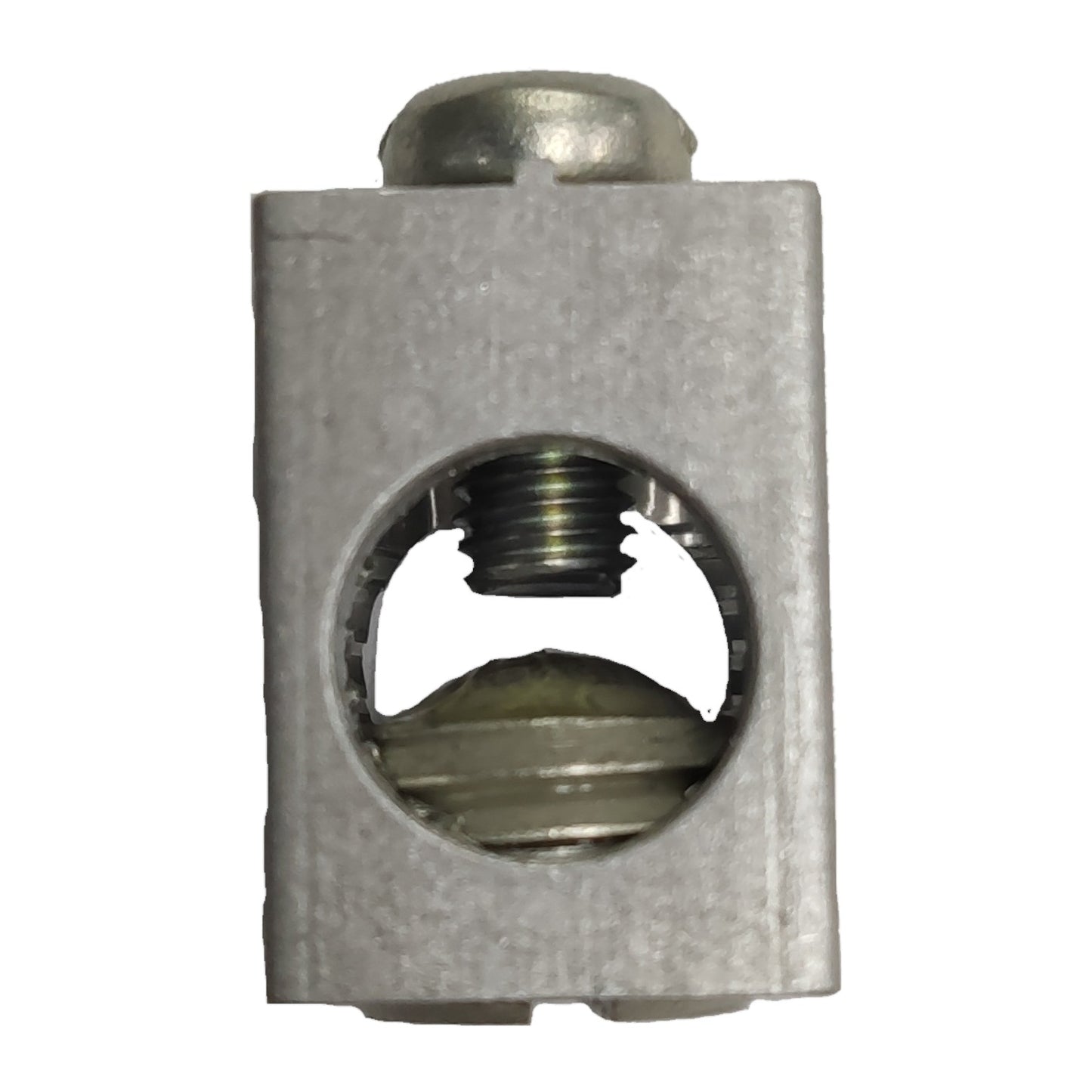 Metallic fitting with threaded hole on a white background