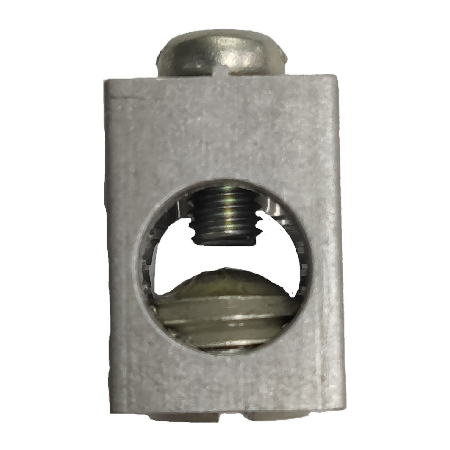 Metallic fitting with threaded hole on a white background