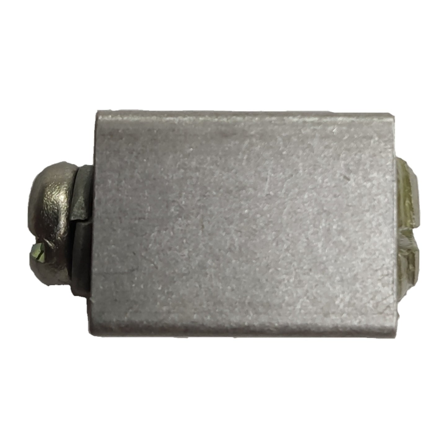 Rectangular metal component with threaded ends on a white background