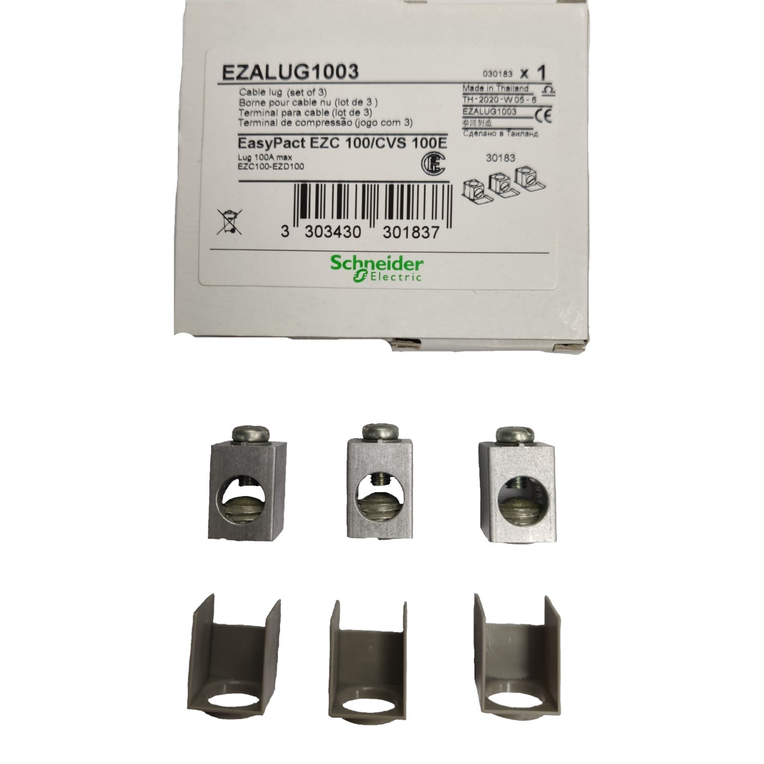 Schneider Electric cable lugs with packaging on a white background