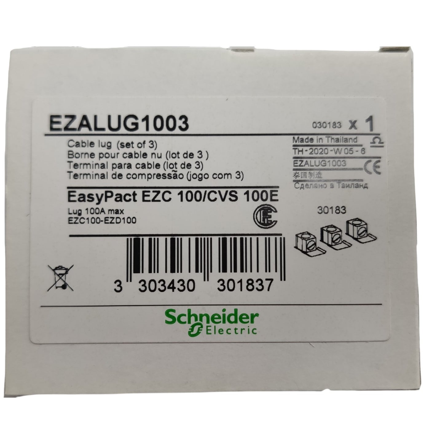 Schneider Electric cable lug packaging with product details on a white background