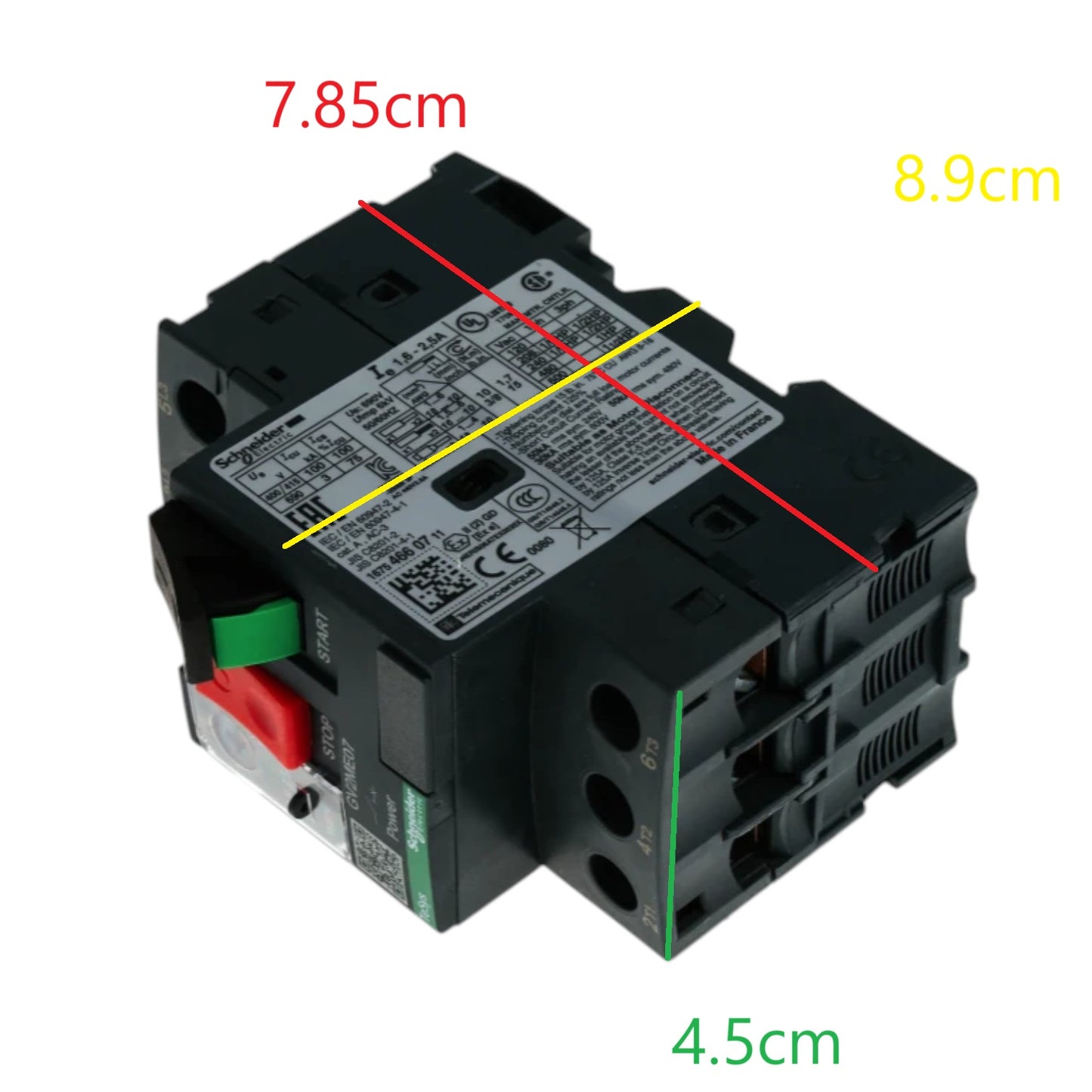 Electrical component with dimensions labeled on a white background