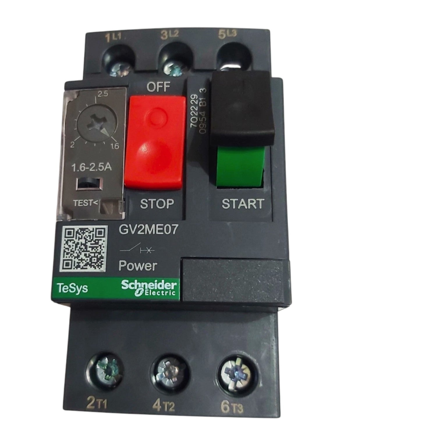 Electrical switch with red and green buttons labeled 'Stop' and 'Start', featuring Schneider Electric logo.