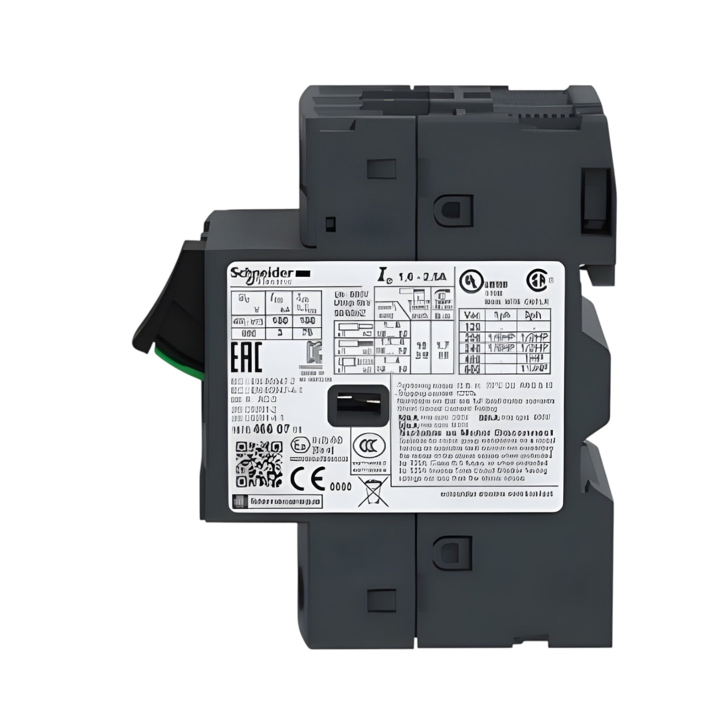 Black electrical component with labels on a white background