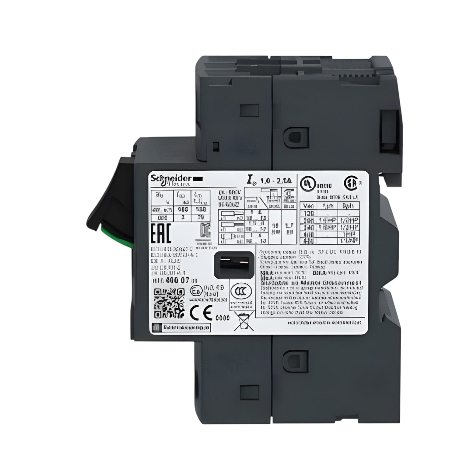 Black electrical component with labels on a white background
