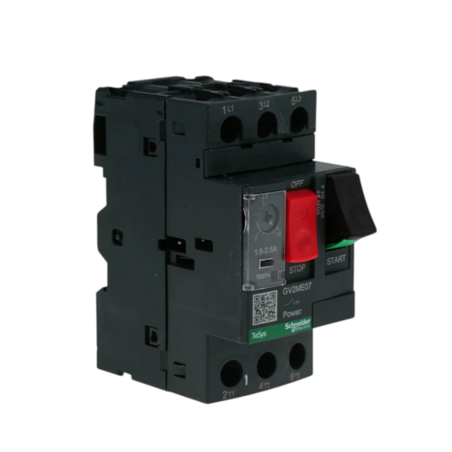 Electrical circuit breaker with red button on a white background