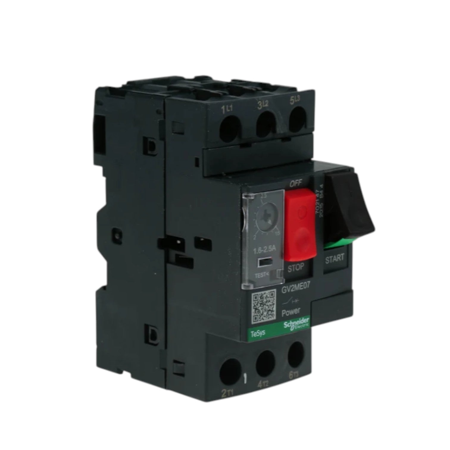 Electrical circuit breaker with red button on a white background