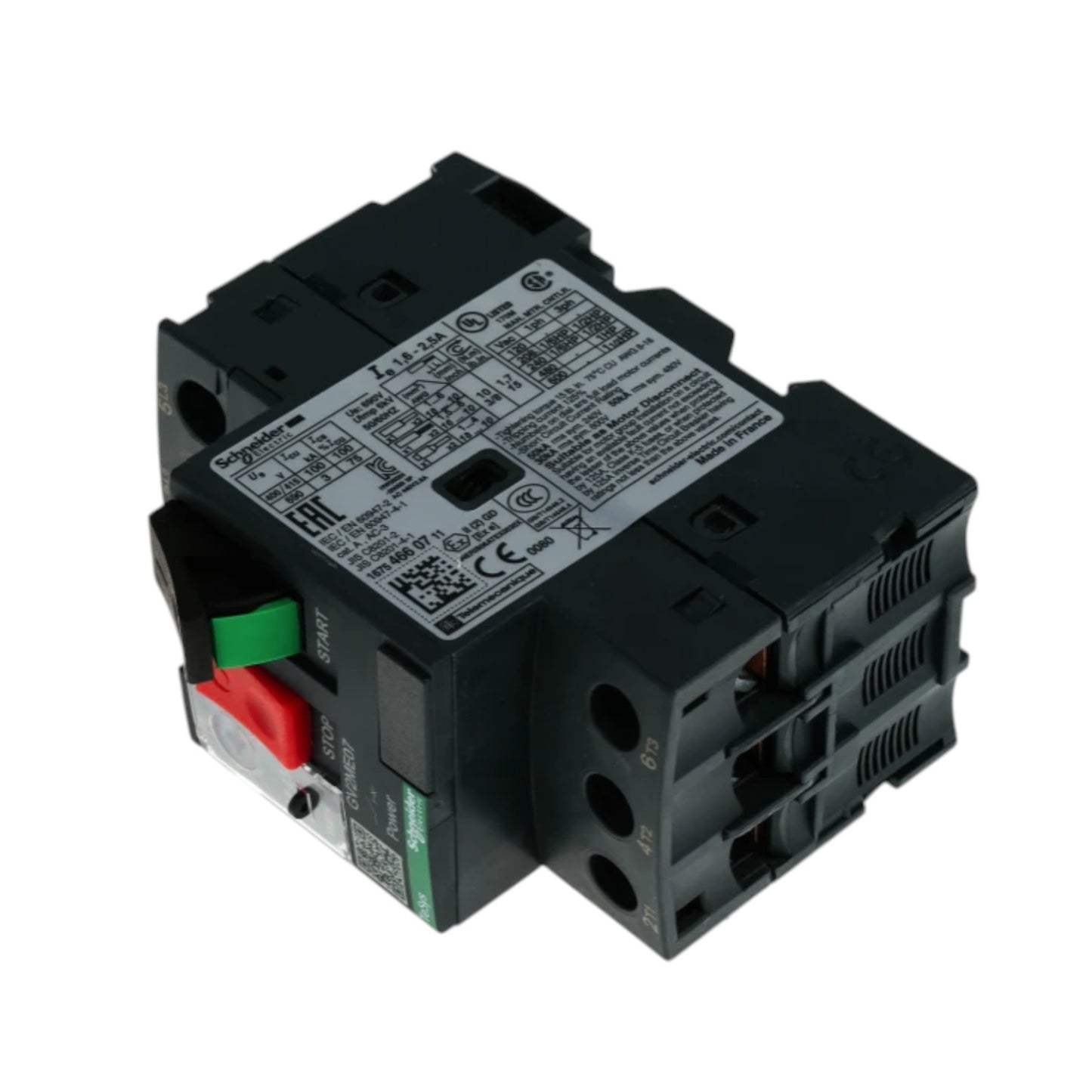 Black electrical component with visible branding on a white background