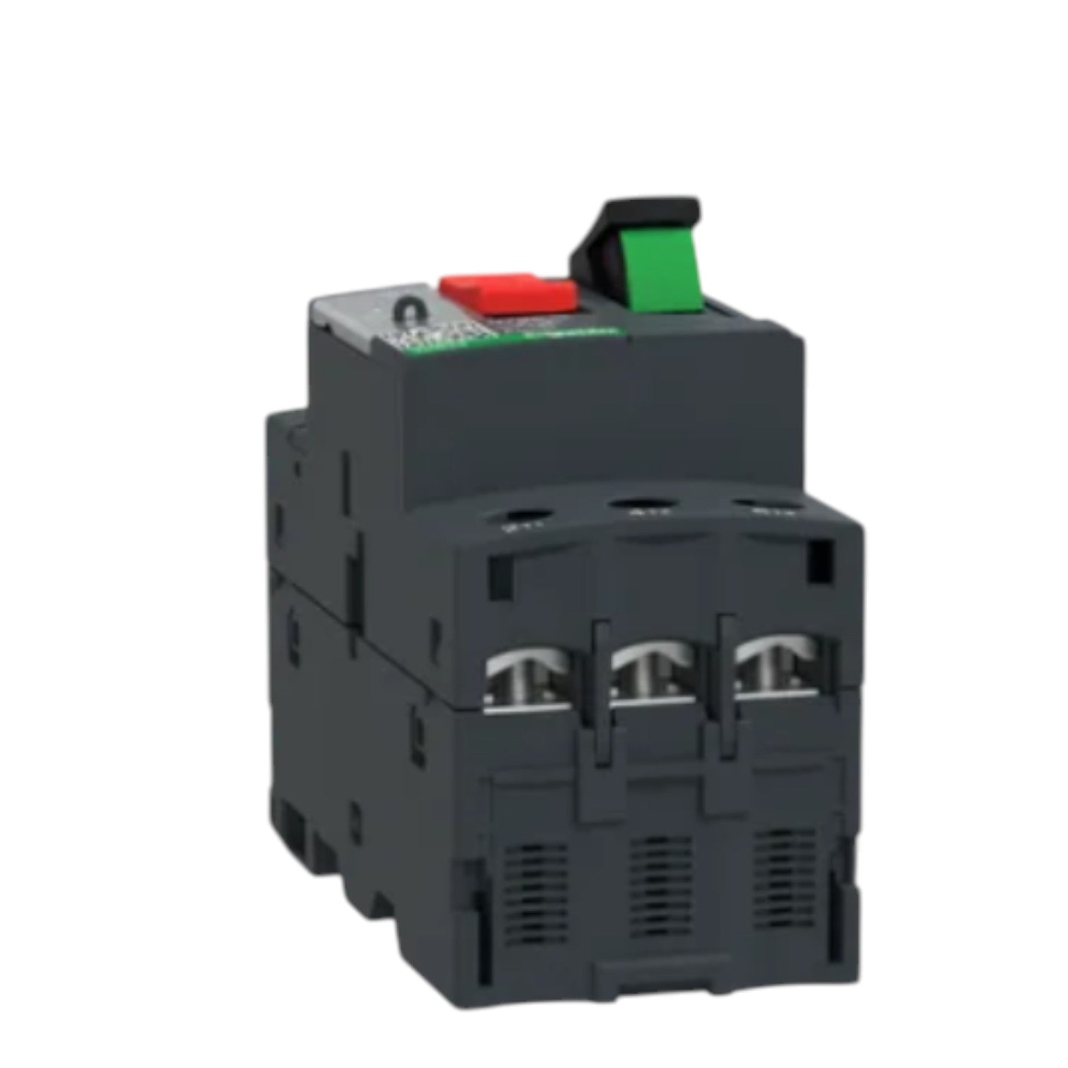 Black electrical circuit breaker with green and red buttons on a white background