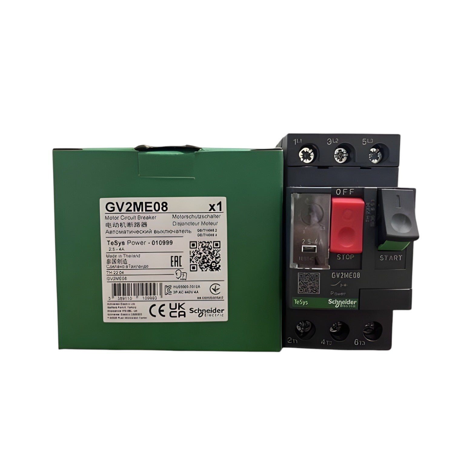 Electrical control panel with green housing and visible branding on a white background