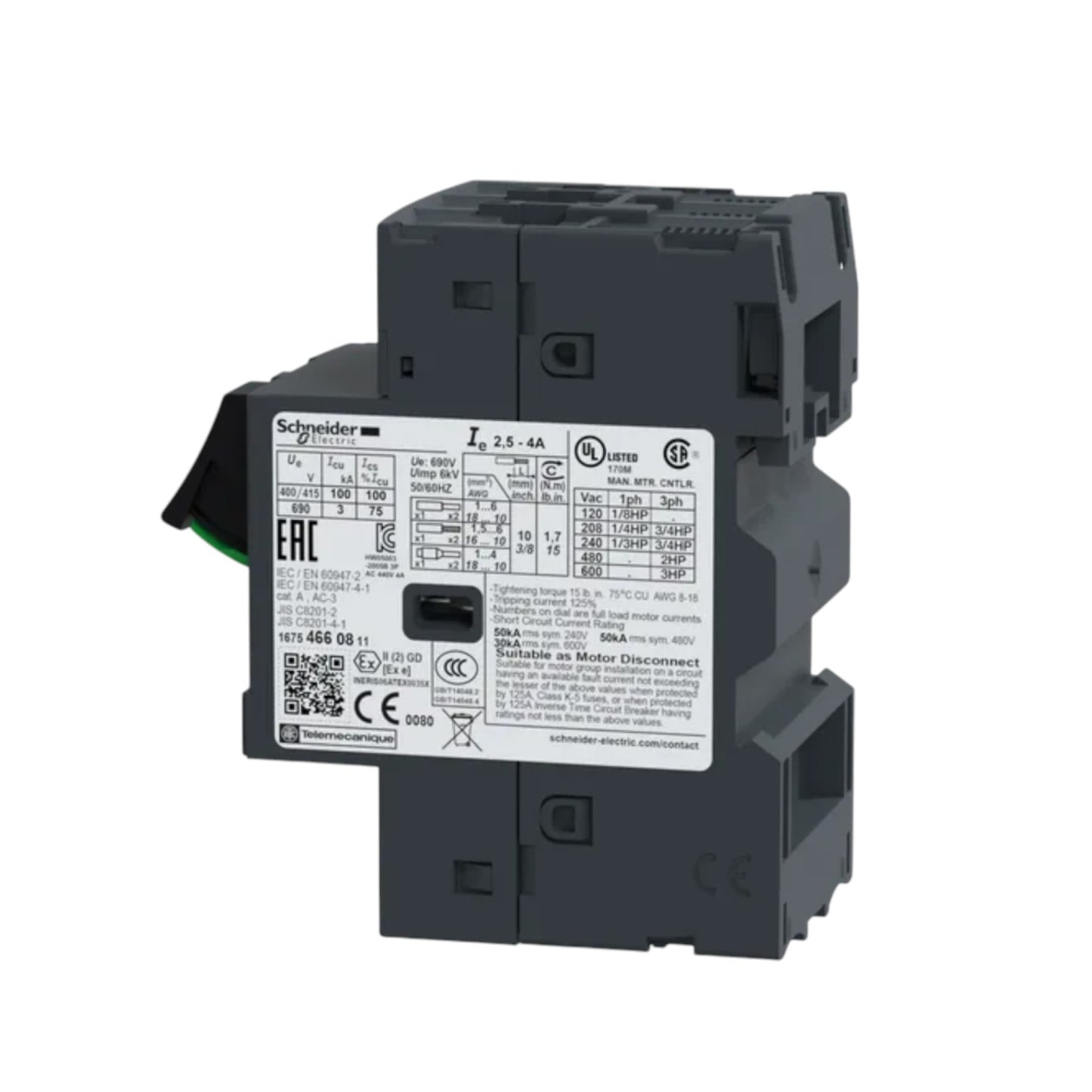Black electrical contactor with visible branding on a white background