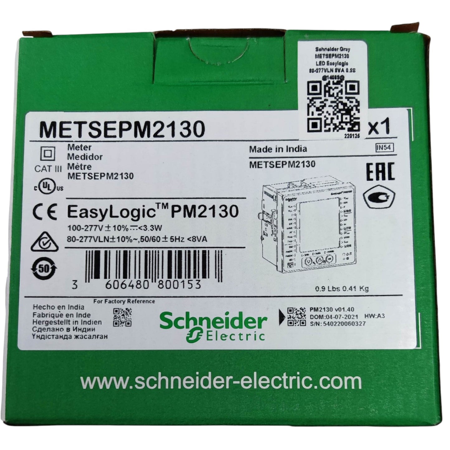 Green box with Schneider Electric branding and product details on a white background
