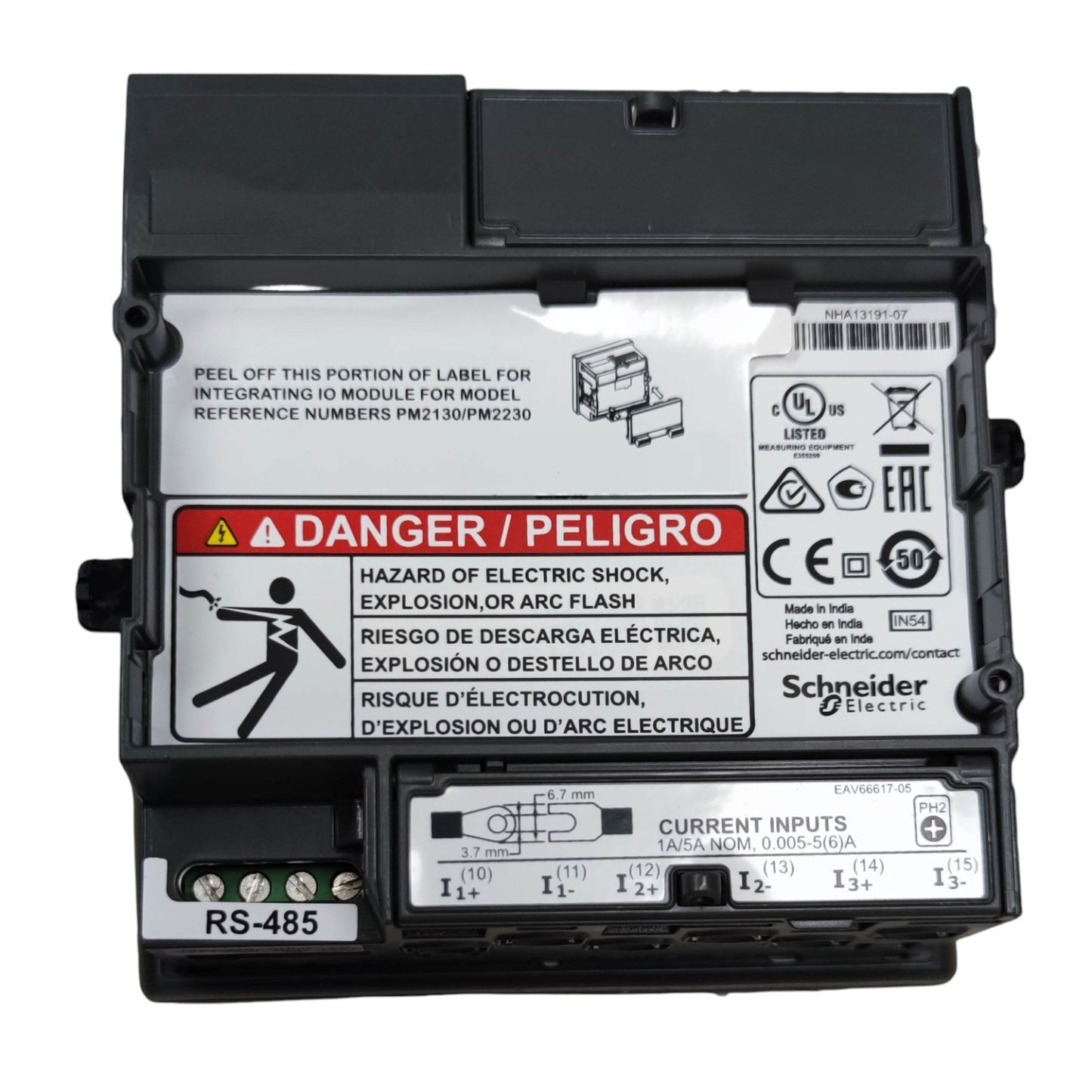 Electrical component with labels and safety warnings on a white background