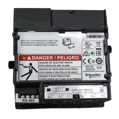 Electrical component with labels and safety warnings on a white background