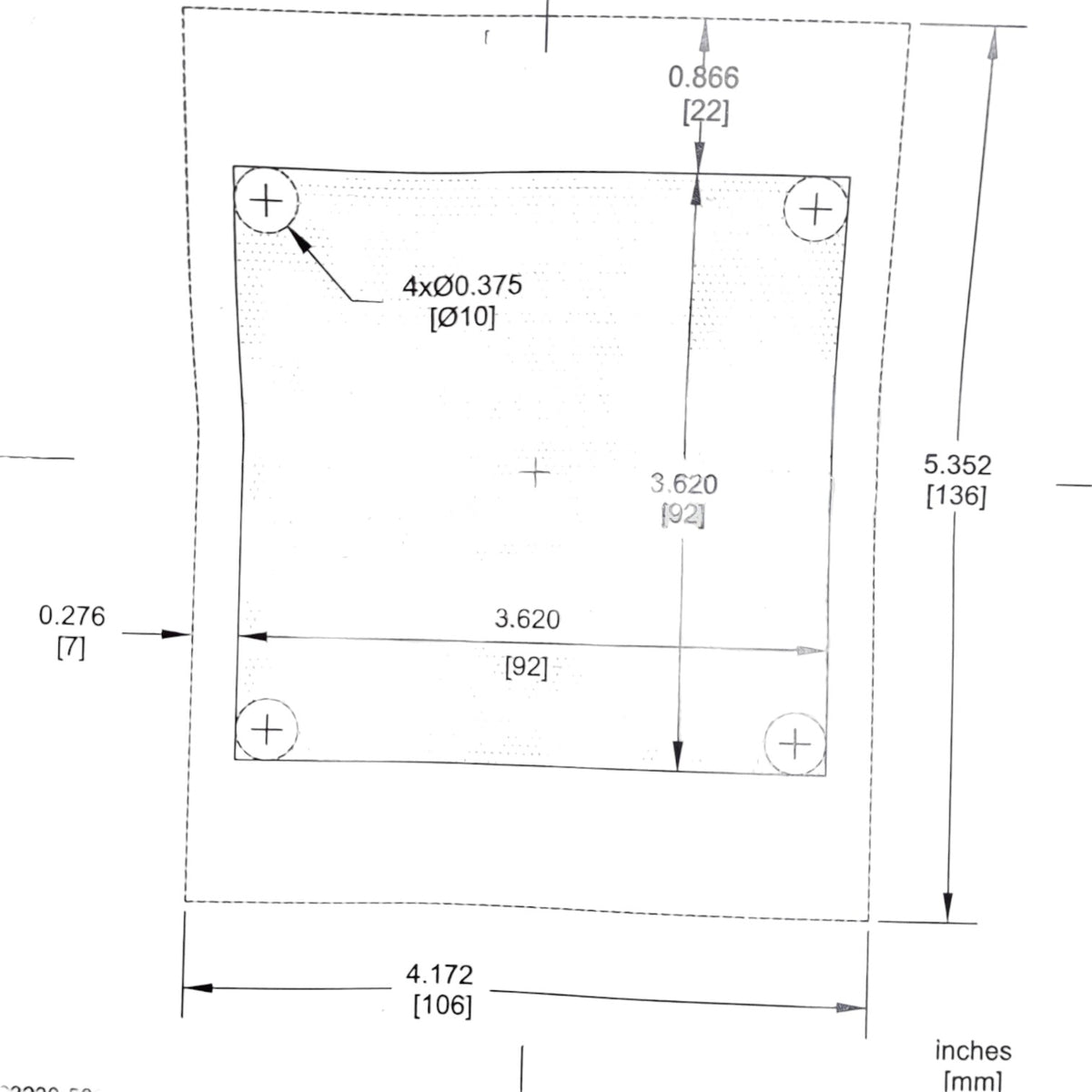 Technical drawing with dimensions labeled in inches and millimeters