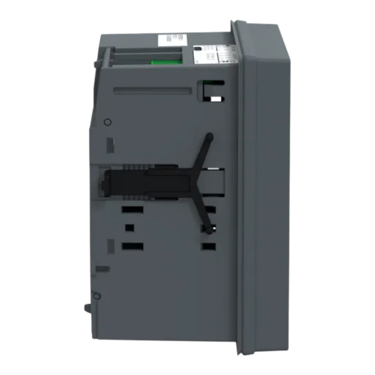 A dark gray industrial electronic module or panel shown from a side angle, featuring a black latch mechanism and mounting holes, isolated on a white background.