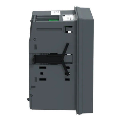 A dark gray industrial electronic module or panel shown from a side angle, featuring a black latch mechanism and mounting holes, isolated on a white background.