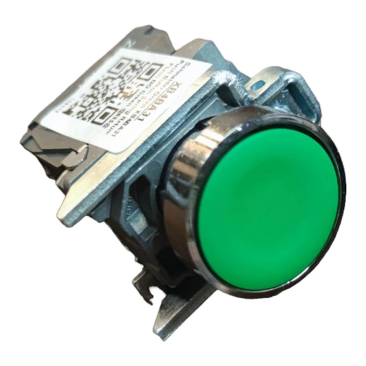 A heavy-duty industrial push button with a bright green circular face and a silver metal housing, shown on a plain white background.