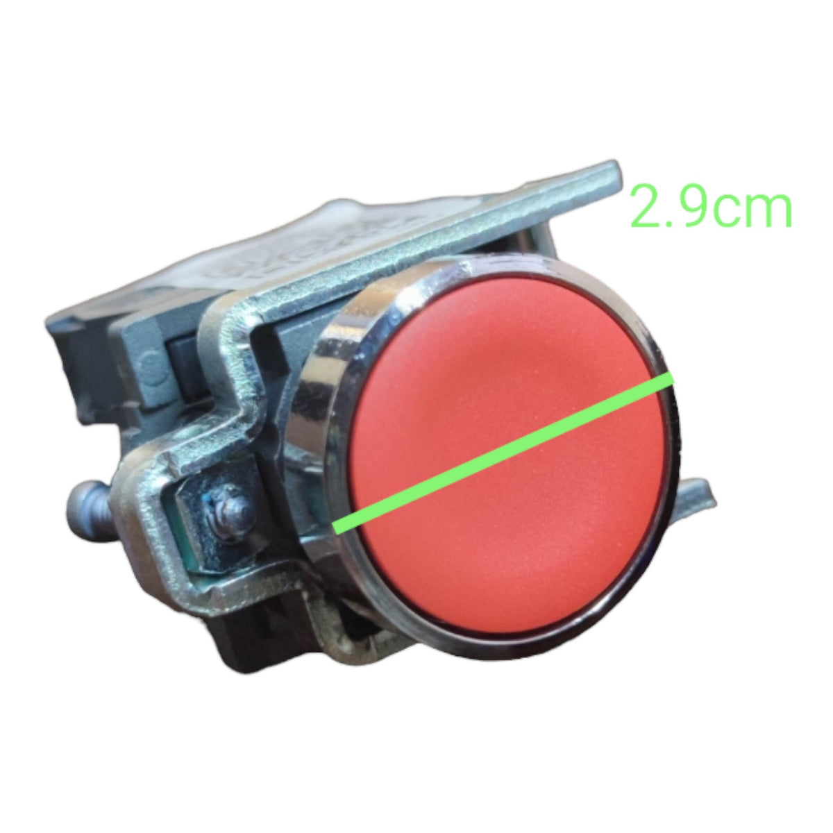 A red circular push-button with a metal housing, shown on a white background with a green measurement overlay indicating 2.9cm.