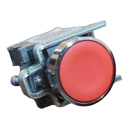 A heavy-duty industrial push button switch with a prominent red circular button face and a galvanized steel housing.