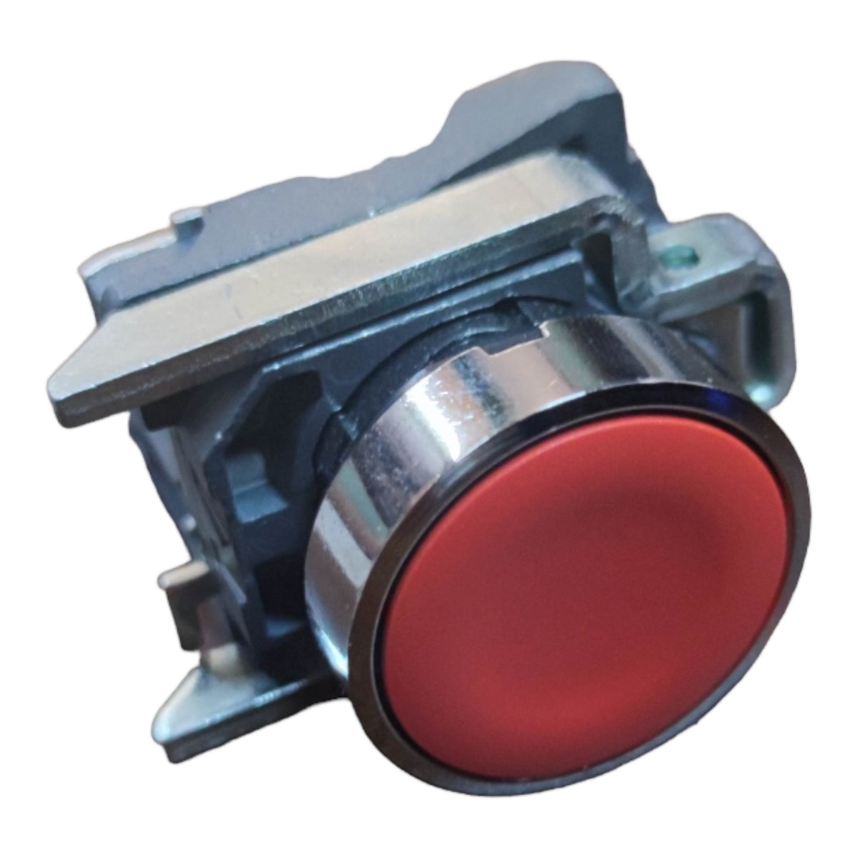A metal industrial push button with a prominent red circular face and a silver metallic collar, set against a plain white background.