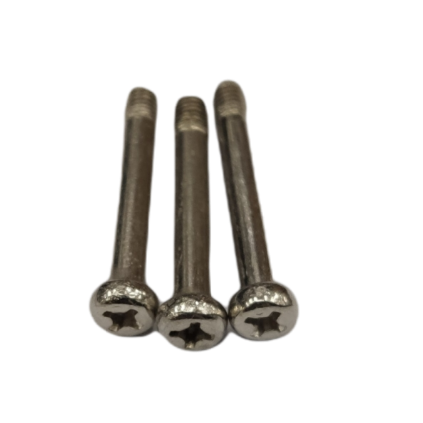 Three shiny metal Philips Cross Positive Screw Long Screw Tip screws arranged side by side on black background